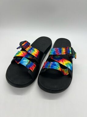 Chaco Women's Black Chillo Sandals with Rainbow Tie-Dye Straps